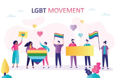 Group of gays and lesbians, activists on parade or protest. Fight for your rights,discrimination homosexual. Lgbt movement. Crowd of people on rally holding placards and flags.Flat vector illustration