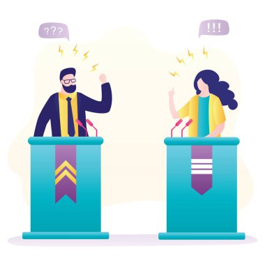 Political debate. Male and female politicians speak emotionally. People on podium speak into microphones. Political candidates, election campaign banner. Trendy flat vector illustration clipart