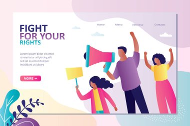 Concept of strike and protest. Landing page template. African american family with loudspeaker and poster on demonstration. Activists against injustice. Fight for human rights.Flat vector illustration