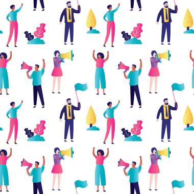 Seamless pattern with protest against Racism. Multicultural people with placards and loudspeaker on protest or rally. Human rights demonstration. Black lives matter movement. Flat vector illustration