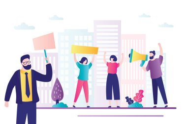 Group of protesting people. Different men and women with signs and megaphone. Human rights protest. Union strike. Democratic freedoms, peaceful protest. Flat vector illustration