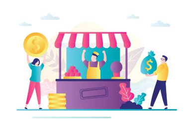 Owner grocery rejoices profit. Small business with commerce profit and earnings from product sell. Male character carries bag of money. Customers buying meal at food tent. Flat vector illustration