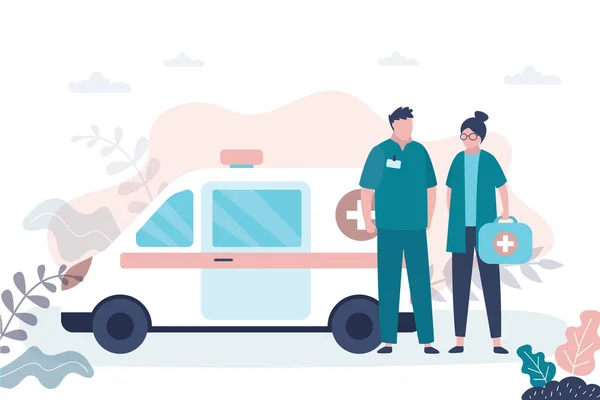 Man Woman Doctors Ambulance Van Medical Services Concept Emergency Medical — Stok Vektör