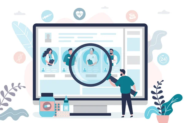 Male patient chooses doctor. Doctors team, medical staff portraits. Online service,  searching therapist via internet. Healthcare, medical insurance and telemedicine. Trendy flat vector illustration