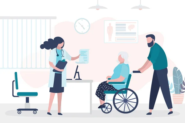 Geriatric Care Medical Consultation Woman Doctor Gives Prescription Grandmother Wheelchair — Vetor de Stock