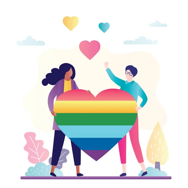 Beautiful Lesbian Couple Lgbt Symbol Two Girls Holding Rainbow Heart — Stok Vektör