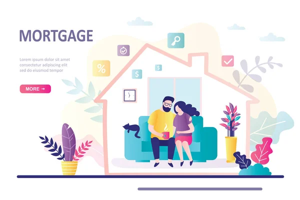 Concept of hypothec and finance management. Cartoon family took mortgage on new home. Love couple take house loan. Landing page template. Banking, investment in real estate. Flat vector illustration