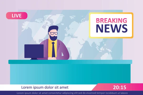 Handsome Anchorman Broadcast Breaking News Live Screen Journalist Suit Tells — Stok Vektör