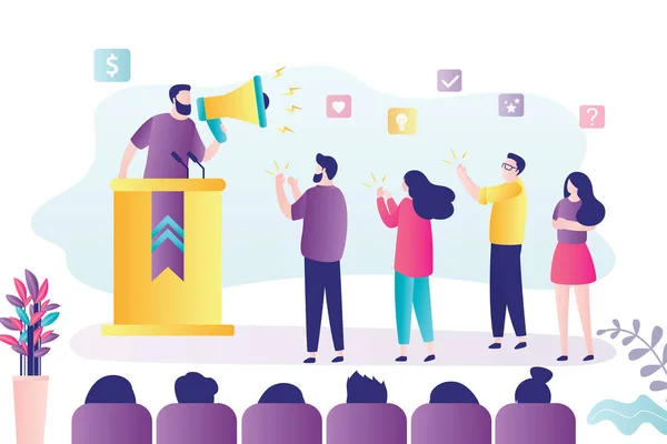 Male politician or business coach gives speech. Man with megaphone at rostrum. Election campaign, speech of a political candidate in front of voters. Group of spectators. Trendy vector illustration