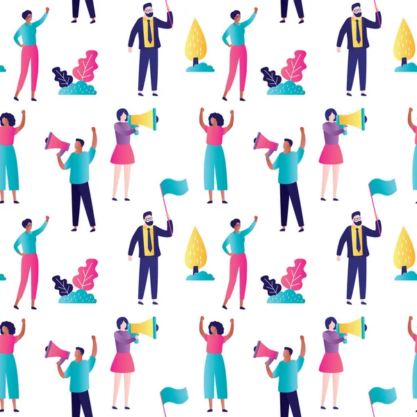 Seamless Pattern Protest Racism Multicultural People Placards Loudspeaker Protest Rally — Stok Vektör