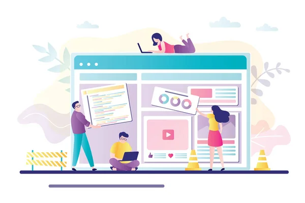 Business people building online service page. Concept of teamwork, website builder and development. Group of workers working together on creating site design. Trendy flat vector illustration
