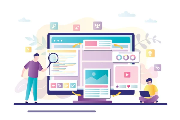 Two businessman builds and develop web page design on monitor. Teamwork, construction and web builders concept. Male characters use magnifying glass and laptop for analyzes. Flat Vector illustration