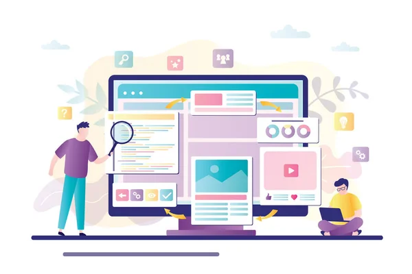 Zwei Geschäftsleute Bauen Und Entwickeln Webseiten Design Auf Monitor Teamwork — Stockvektor