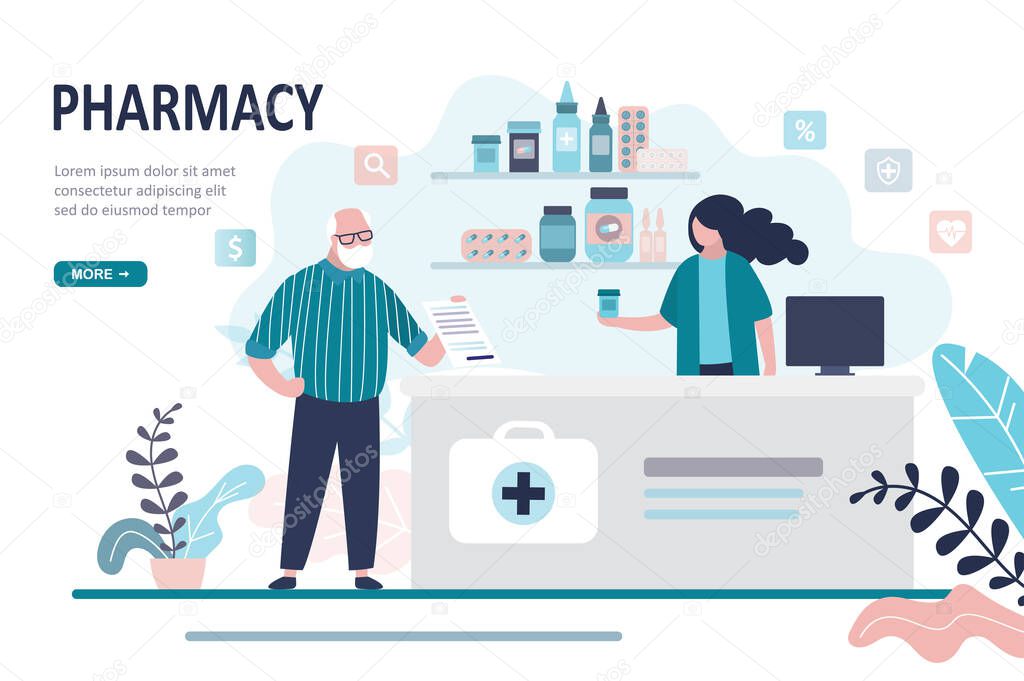 Doctor pharmacist and old man patient in drugstore. Elderly male client buying medication in pharmacy. Healthcare and shopping concept. Landing page, website design banner. Trendy vector illustration