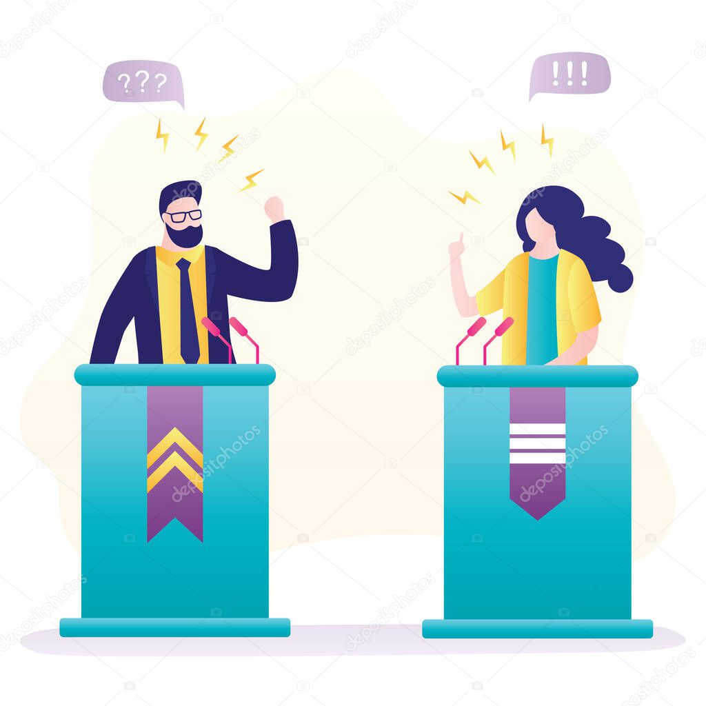 Political debate. Male and female politicians speak emotionally. People on podium speak into microphones. Political candidates, election campaign banner. Trendy flat vector illustration