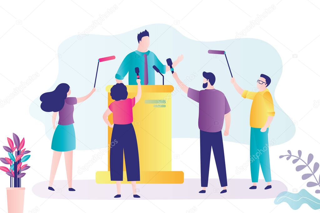 Politician answers reporters questions. Businessman at tribune with microphones. Press conference vector banner. Business presentation or conference. Male speaker and group of people listen to speech.