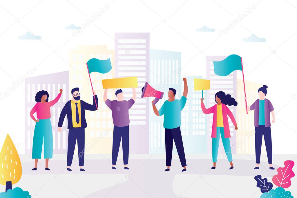 Group of protesting people. Protesters on demonstration. Various persons with placards and megaphone. Human rights protest. Union strike. Democratic freedoms, peaceful protest.Flat vector illustration