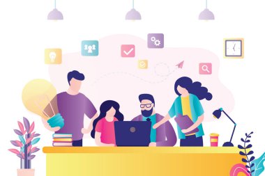 İnsanlar yeni projede birlikte çalışıyorlar. Ortak çalışma, tartışma ve müzakere. İş ekibi konsepti. Takım çalışması, geliştirme, iş birliği ve ofis durumları. Düz vektör illüstrasyonu