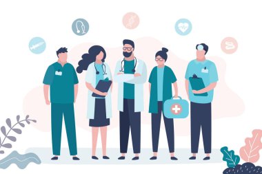 Group of various doctors and nurse. Teamwork, medical services concept. Female and male medical specialists, human characters in uniform. Healthcare banner. Flat vector illustration clipart
