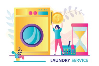 Güzel bir kadın çamaşırhanede çamaşır yıkar. Kadın karakter ödeme için büyük para tutuyor. Kirli çamaşırlar çamaşır sepetinde. Büyük çamaşır makinesi, self servis konsept pankartı. Vektör illüstrasyonu