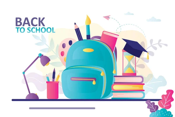 Voltar Modelo Banner Escola Mochila Para Crianças Com Equipamento Educacional —  Vetores de Stock