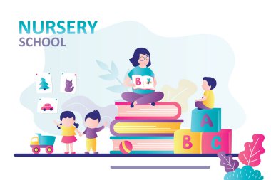 Anaokulu öğrencileri öğretmenleriyle alfabeyi öğrenirler. Öğretmen çocuk grubu, kitap serisi resimlerini gösteriyor. Çocuk yuvası ve bebek bakımı merkezi. Çocuk bakıcısı ve anaokulu çocukları oyun odasında. Düz vektör illüstrasyonu