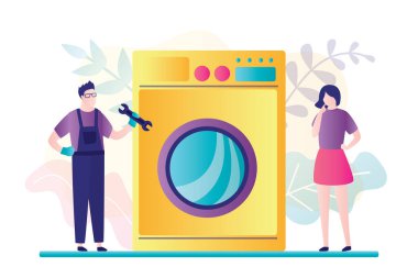 Mavi tulum giyen tamirci ya da kadın müşteri için bozuk çamaşır makinesini tamir ediyor. Teknik bakım servisi. İngiliz anahtarı erkek karakterde. Moda tarzında pankart. Düz vektör illüstrasyonu
