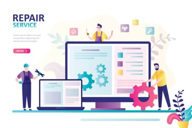 Onarım servisi iniş sayfası. Aletleri ve işletim sistemini tamir eden komik insanlar. Teknisyenler ve tamirciler iş başında. Ekranlarda online uygulama. Düz vektör illüstrasyonu