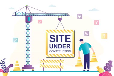 Büyük vinç taşıma levhası. İnşaat halinde. Hata 404. Sayfa bulunamadı. İnternet bağlantısı sorunu. Erkek işçi uyarı işareti koyar. Web sitesi geliştirme. Yatay pankart şablonu. Vektör