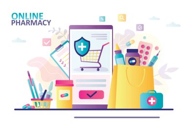 Farklı ilaçlarla dolu bir çanta. Çevrimiçi eczane ve ilaç iniş sayfası şablonu. Sağlık, eczane ve e-ticaret kavramı. İnternet sitesi veya app.Düz vektör illüstrasyonu yoluyla güvenli hap alımı