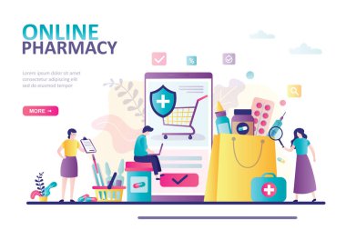 Adam güvenli bir şekilde internetten ilaç alıyor. Eczane, sağlık ve iş kavramı. İniş sayfası şablonu veya web sitesi tasarımı. İçinde haplar, tıbbi gereçler ve uyuşturucular olan bir paket. Moda düz vektör illüstrasyonu