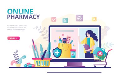 Bilgisayar ekranında tableti olan kadın eczacı. Çevrimiçi eczane ve sağlık hizmetleri kavramı. Tıbbi ilaçlı çanta, vitamin hapları kapsülleri. Web sitesi şablonu ya da iniş sayfası. Düz vektör illüstrasyonu