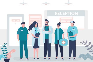 Bir grup doktor ve hemşire. Takım çalışması, tıbbi servis konsepti. Kadın ve erkek tıp uzmanları içeride. Üniformalı insan karakterler, klinik içi. Sağlık hizmeti afişi. Vektör illüstrasyonu