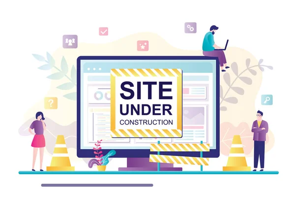 İnternette anasayfayı tamir eden ufak tefek insanlar. Bilgisayar ekranında hata 404. İnşaat sayfasının altındaki internet sitesi. İnternet bağlantısı sorunu. İniş sayfası şablonu veya afişi. Düz vektör illüstrasyonu
