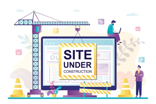 İnşaat vinci, rekonstrüksiyon altındaki monitör sitesine poster asıyor. Hata 404. Sayfa bulunamadı. İnternet bağlantısı sorunu. Web sitesi geliştirme. Yatay pankart şablonu. Vektör illüstrasyonu