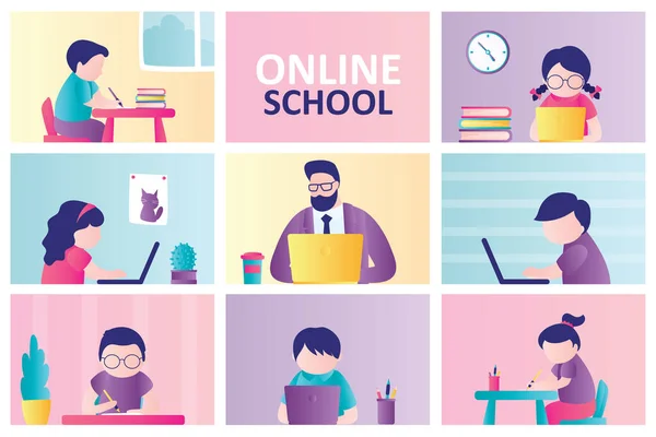 Online School Landing Page Template Kinderen Blijven Thuis Werken Computer — Stockvector