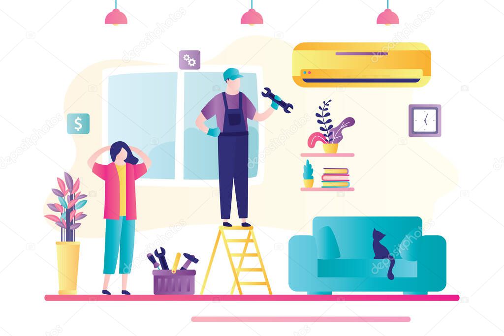 Service for repair and maintenance of conditioners. Handyman holding wrench and fixing air conditioning. Female client waits until master finishes work. Man stands on ladder. Flat vector illustration 