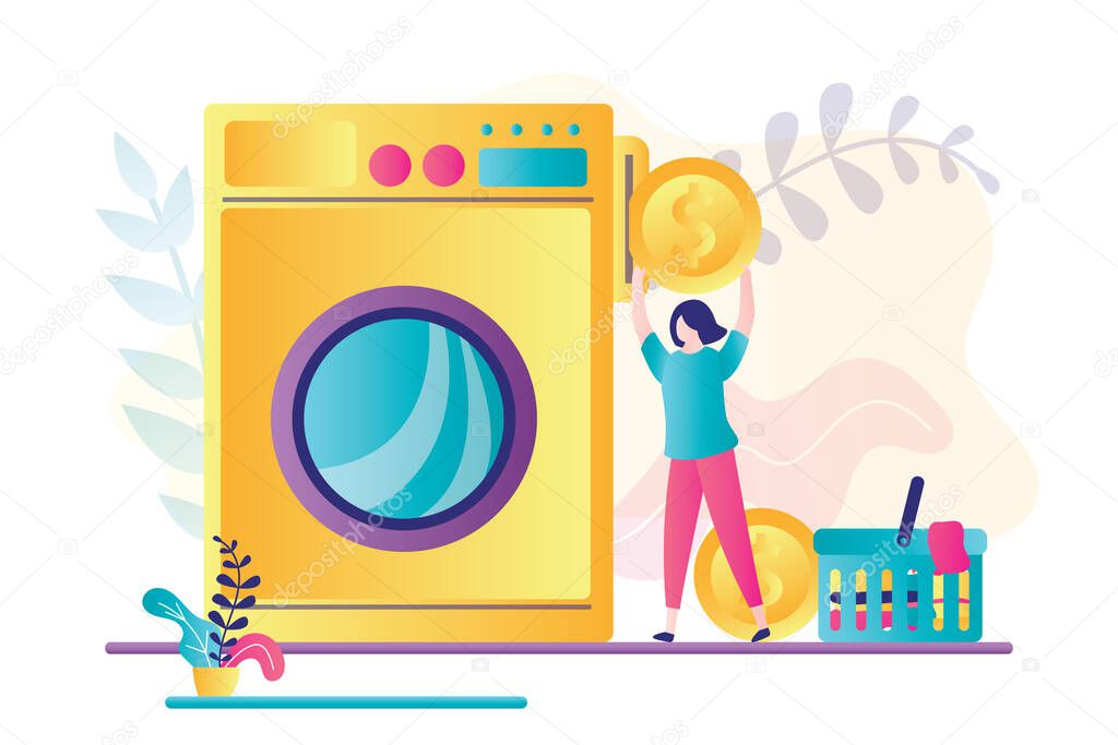 Beautiful woman wash clothes in laundry service. Female character holds big coin for payment. Dirty clothes in laundry basket. Large washing machine, self-service concept banner. Vector illustration