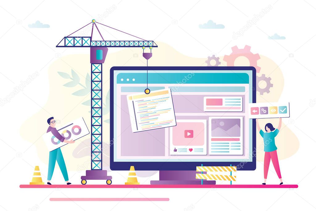 Business people and crane building web page. Concept of teamwork, website builder and development. Group of workers and AI working together on creating site design. Trendy flat vector illustration