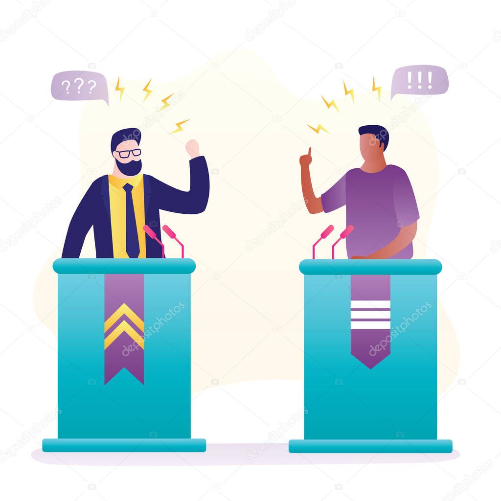 Political debate. Male politicians speak emotionally. African american and caucasian people on podium speak into microphones. Political candidates, election campaign banner. Flat vector illustration