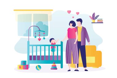 Annem ve babam beşikteki bebeğe bakıyorlar. Çocuk annesinin elini tutuyor. Mutlu aile kavramı, birliktelik ve ebeveynlik. Sevimli bebek odasında çocuklu ebeveynler. Moda tarzında pankart. Vektör illüstrasyonu