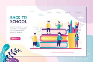Okulun tema sayfası açılıyor. Sırt çantalı çocuklar tatilden sonra okula giderler. Sınıf arkadaşları tatilden sonra buluşur. Eğitim ve bilgi kavramı. Web sitesi şablonu. Düz vektör illüstrasyonu