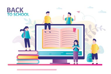 Çevrimiçi eğitim geçmişi, e-öğrenme ve okula dönüş. Sınıf arkadaşları okul çantalarıyla ayakta duruyorlar. Bilgisayar monitöründe ders kitabını aç. Moda tarzında pankart. Düz vektör illüstrasyonu
