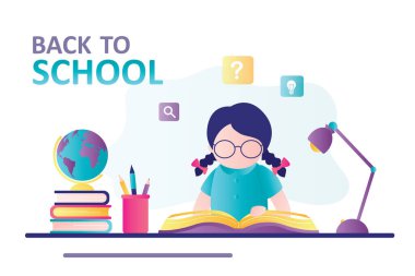 Akıllı liseli kız ders kitabı okuyor. Şirin kız iş yerinde oturuyor, çocuk ev ödevi yapıyor. Okula dönüş kavramı, eğitim. Kırtasiye malzemeleri, kitaplar ve malzemeler masada. Düz tasarım vektör çizimi