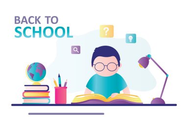 Akıllı okul çocuğu ders kitabı okuyor. Erkek öğrenci işyerinde oturur, çocuk ev ödevi yapar. Okula dönüş kavramı, eğitim. Kırtasiye malzemeleri, kitaplar ve malzemeler masada. Düz tasarım vektör çizimi