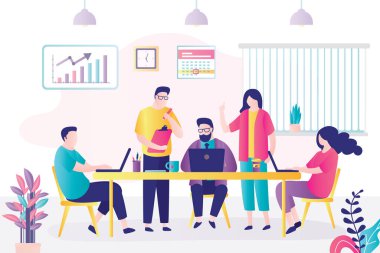 Modern ofis içi. İş yerindeki iş adamları grubu. Görevlerin ve sorunların takım çözümü. Ortak çalışma, tartışma ve beyin fırtınası. Takım çalışması, yeni proje geliştirme. Düz vektör