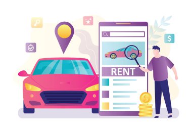 Mobil uygulama üzerinden ara ve kirala. Yakışıklı adam internette otomobil aramak için büyüteç kullanıyor. Araba paylaşımı ya da kira uygulaması olan modern araç ve akıllı telefon. Vektör illüstrasyonu