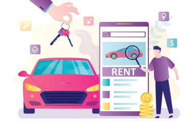 Mobil uygulama üzerinden ara ve kirala. İş adamı aramak için büyüteç kullanır, büyük el anahtar verir. Araba paylaşımı ya da kira uygulaması olan modern araç ve akıllı telefon. Vektör illüstrasyonu