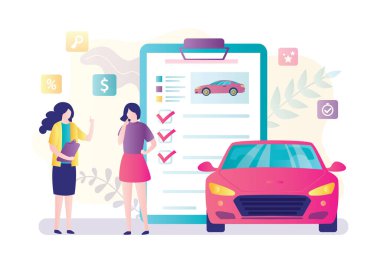 Kadın gezgin araba kiralama, kadın satıcı ve araba kiralama ya da paylaşma anlaşması. Nakliye işi, oto satıcısı ya da araba paylaşımı. Modern araç, modaya uygun karakterler. Düz vektör illüstrasyonu