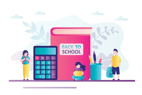 Školáci Blízko Velké Učebnice Koncept Návratu Školy Vzdělání Kalkulačka Papírnictví — Stockový vektor